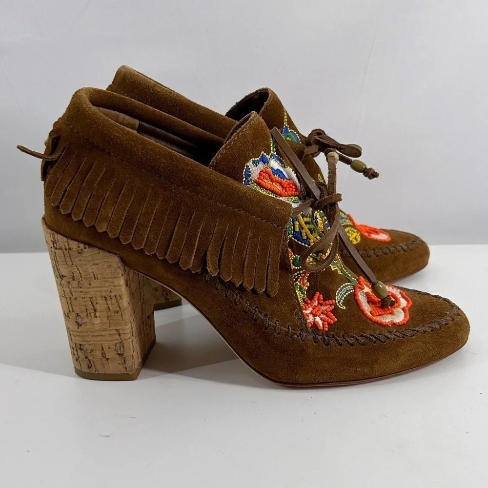 Tory Burch Brown Embroidered Ankle Boots - Picture 4 of 12